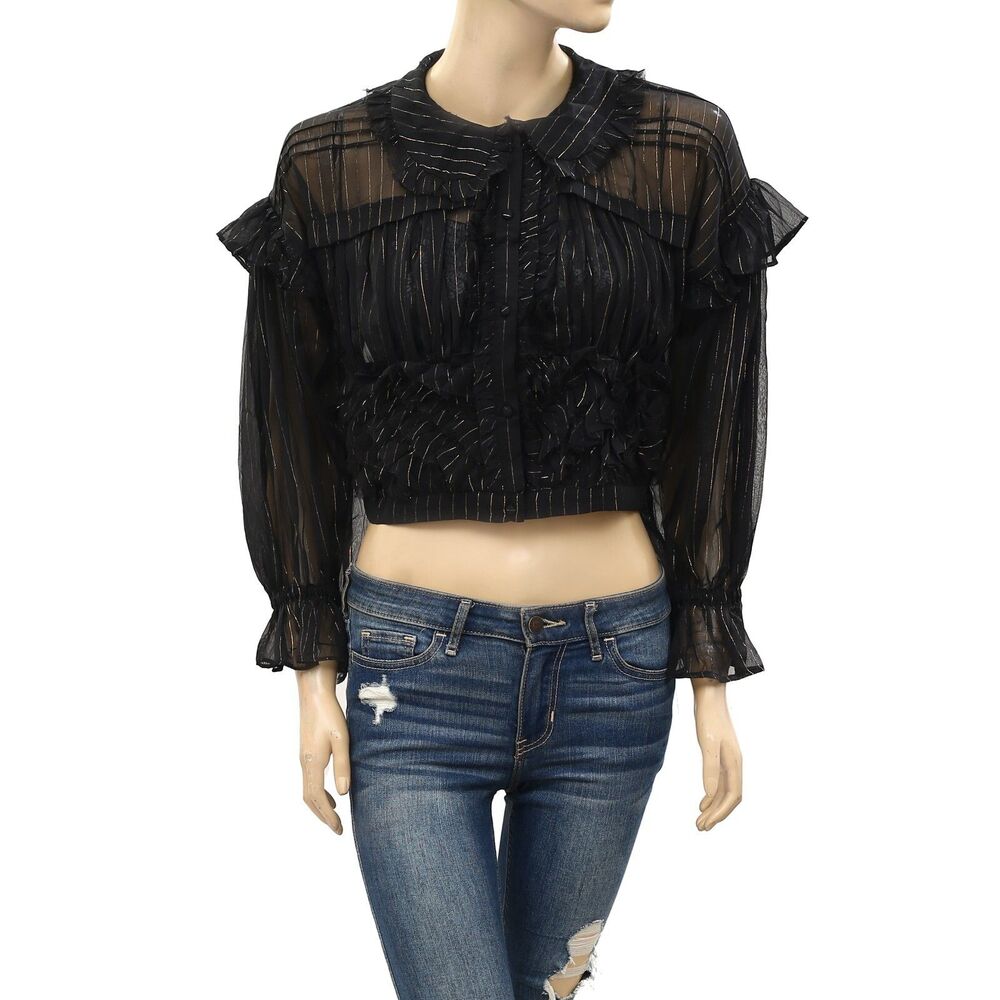 Uterque Metallic Striped Buttondown Cropped Blouse Top Ruffle Black S New 224213